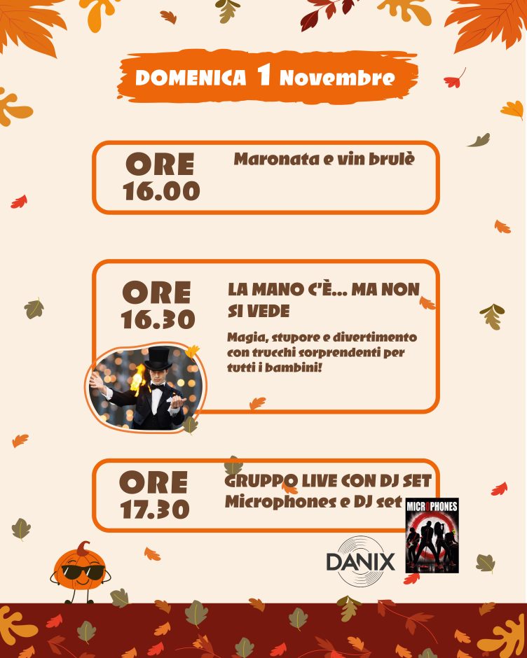 Programma illustrato del Villaggio delle Zucche 2026: Domenica 1° novembre. Gli appuntamenti sono riportati anche nel testo qui sotto.