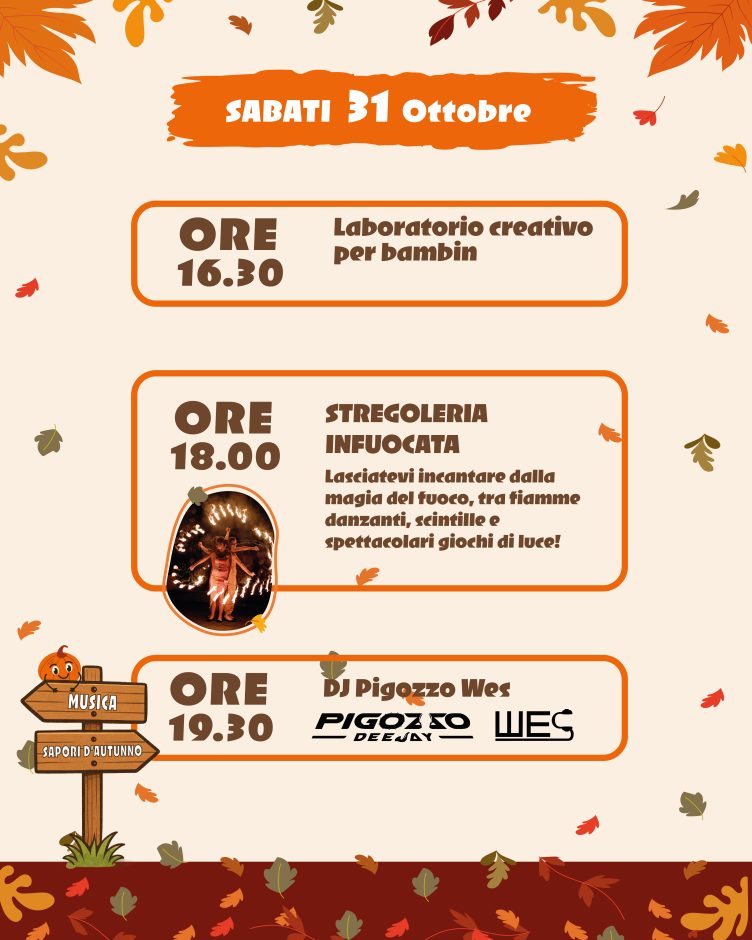Programma illustrato del Villaggio delle Zucche 2026: Sabato 31 ottobre. Gli appuntamenti sono riportati anche nel testo qui sotto.