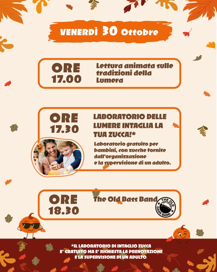 Programma illustrato del Villaggio delle Zucche 2026: Venerdì 30 ottobre. Gli appuntamenti sono riportati anche nel testo qui sotto.